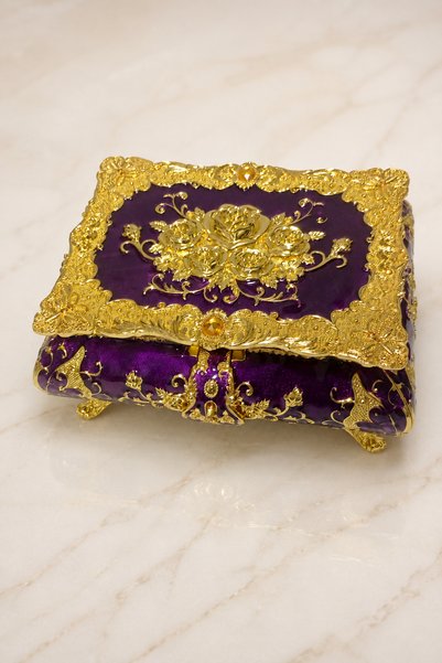 RAHSAN COLLECTİON Embossed Embroidered Gold Detailed Vintage Mirrored Jewelry Box Large Size Purple