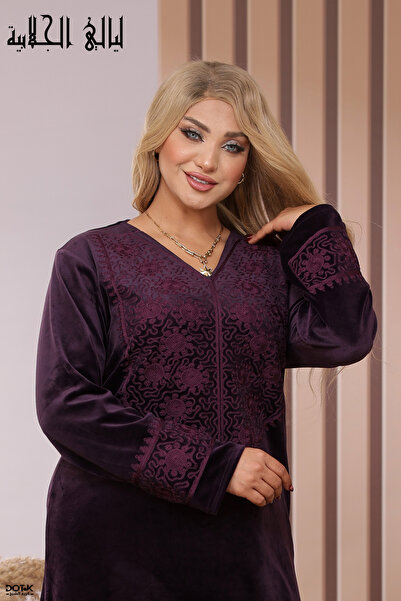 Lyaly aljlabyh Layali Jalabiya Deep Purple Velvet Jalabiya with Embossed Embr...