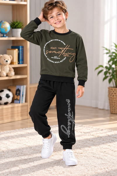 SERPİL Erkek Çocuk Haki Siyah 2’li Eşofman Takımı – Yazılı Sweatshirt ve Bask...