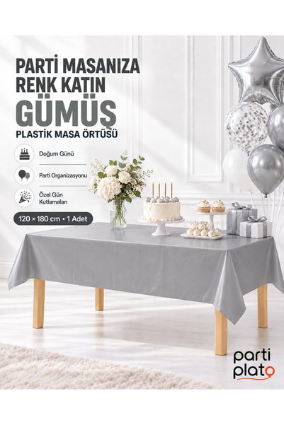 Parti Plato Gümüş Plastik Masa Örtüsü 120x180 cm Dikdörtgen Doğum Günü Parti ...