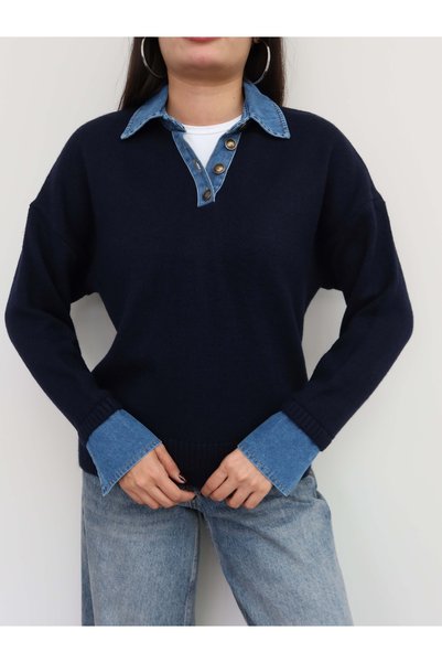 ESRAHELVACI Buttoned Denim Detail Knitwear Sweater