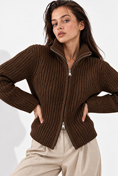 WILD BEE Women's Brown Double Zipper Soft Textured Knitwear Cardigan