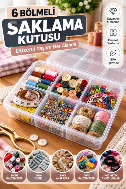 grimorlife 6 Bölmeli Plastik Saklama Kutusu – Takı, Makyaj, Aksesuar ve Çekmece İçi Düzenleyici Organizer