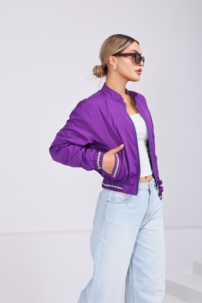 SahraAfra Women's Stand Collar Bomber Jacket with Pockets and Elastic Waist