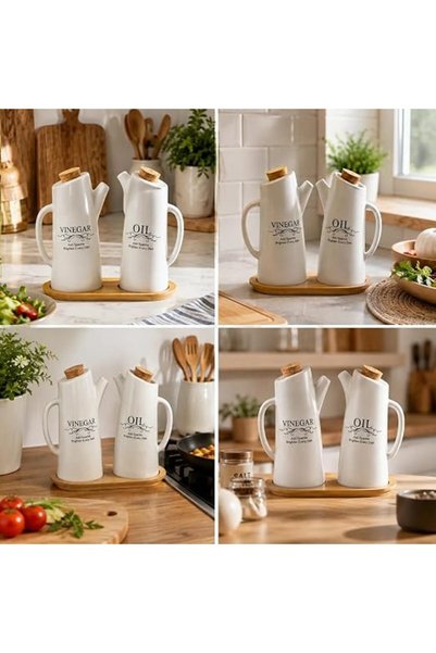 Generic Ceramic Oil & Vinegar Bottle Set | Bamboo Tray | Kitchen Oil Dispenser & Vinegar Bottles | Cork Stopper Lids & Pouring Spouts | Kitchen Countertop & Dining Table | 2-Piece Set