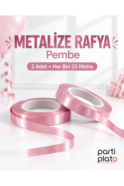 Parti Plato Pembe Metalize Rafya 2 Adet x 25 Metre Balon İpi Hediye Paketi Sü...