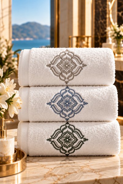 3’lü Set %100 Pamuk Nakışlı El Havlusu 50x90 cm Yüksek Emici Yumuşak Ultra Premium Beyaz Havlu