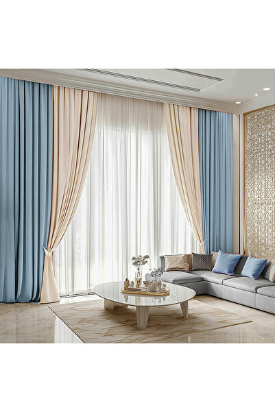 ArasyaHome Βελούδινο Σετ Κουρτινών / Γαλάζιο-Κρεμ