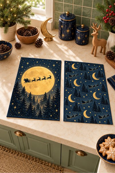 milbaygrup Midnight Noel Ay ve Yıldız Desenli 2'li Mutfak Havlusu Seti 40x60