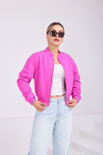 SahraAfra Women's Stand Collar Bomber Jacket with Pockets and Elastic Waist