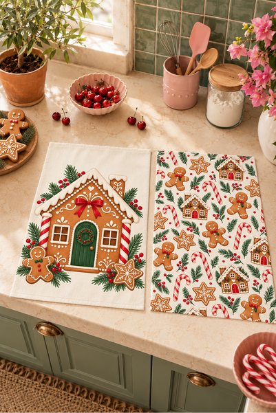 milbaygrup Gingerbread Kurabiye Evi Desenli 2'li Mutfak Havlusu Seti 40x60