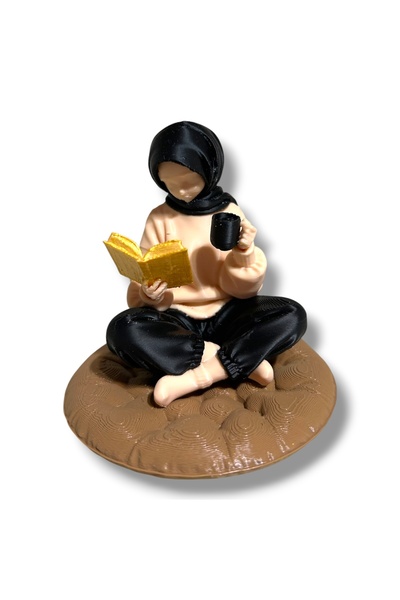 Dekoratif Kitap Okuyan Başörtülü Figür, Kahve Keyfi Temalı Biblo, Modern Ev ve Ofis Hediyesi