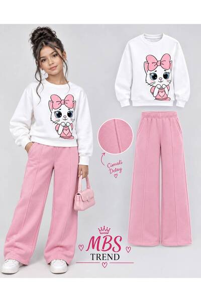 Kids Winter Girls' Cute Cat Printed Pink Striped Detailed Two-Piece Tracksuit...