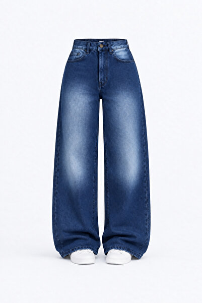 J&KSTORES Kadın Yüksek Bel Yıkamalı Geniş Paça Jean Pantolon