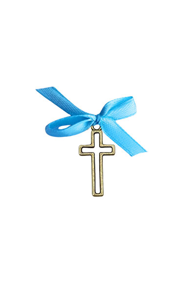 BUNILU Set 20 Cruciulite aurii si fundite din satin albastru, marturie botez,...
