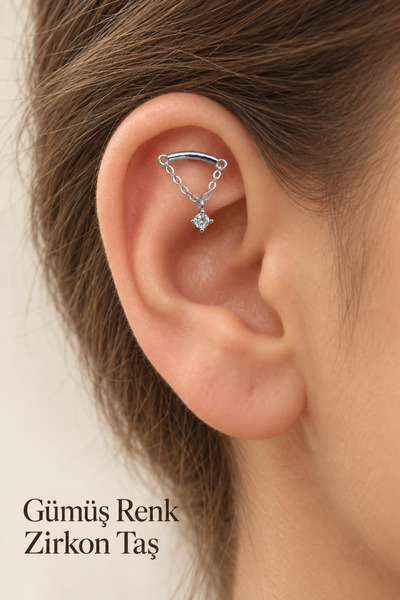 Sacce Scarves&Accessories Zirkon Taşlı Zincirli Helix Flat Piercing Kıkırdak ...