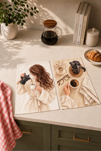 milbaygrup Café Muse Kahve Hazırlığı Desenli 2'li Mutfak Havlusu Seti 40x60