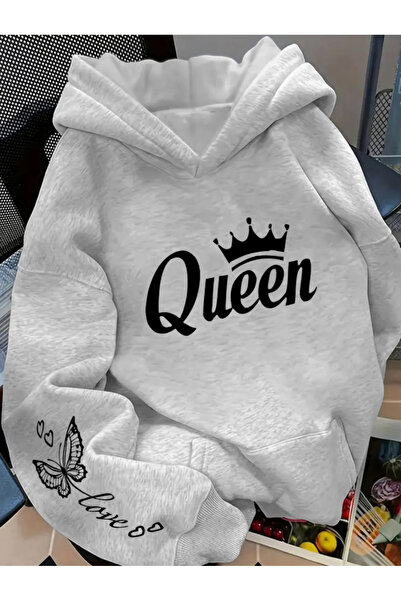 one button Unisex Γυναικείο φούτερ με κουκούλα Queen Printed Love Detailed Pr...
