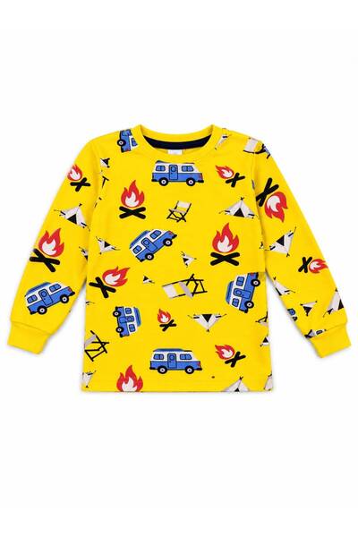 Fil Kids Boy's 100% Cotton Yellow Color Minibus Camp Caravan Patterned Long Sleeve Winter Interlock Pajama Set