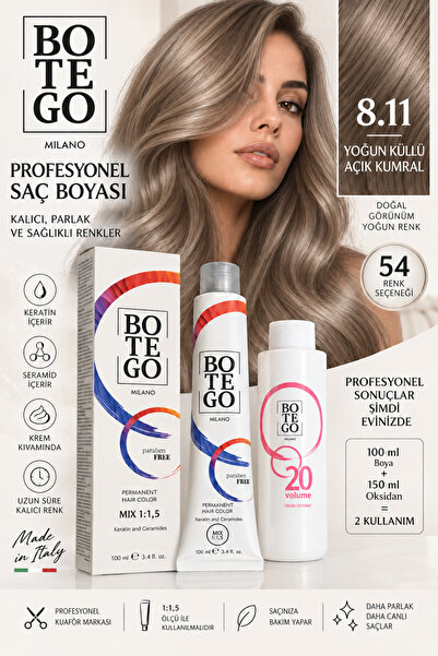 botegohair 8.11 Yoğun Küllü Açık Kumral Profesyonel Saç Boyası Seti