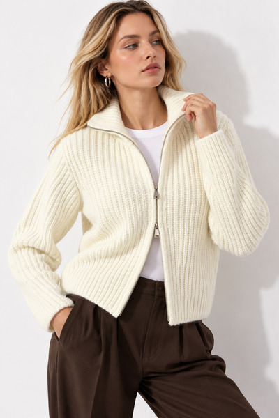 Rich Women's Ecru Soft Textured Double Zipper Knitwear Cardigan