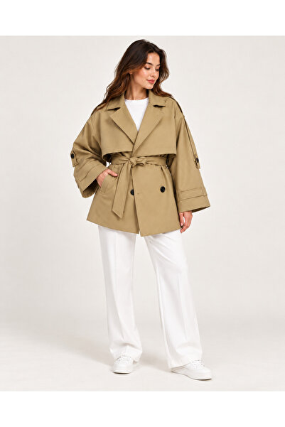 HİMMEL Kadın Caramel Oversize Kemerli Kruvaze Kısa Trençkot