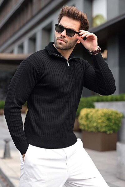 Madmext Black Stand Collar Half Zipper Striped Men's Knitwear Sweater E7535
