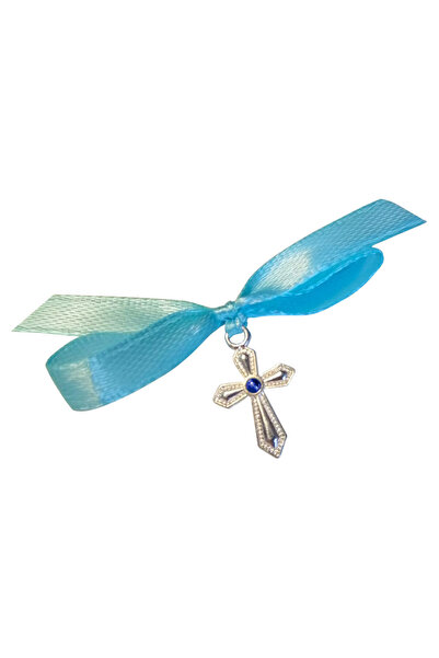 BUNILU Set 20 Cruciulite argintii si fundite din satin albastru, marturie bot...
