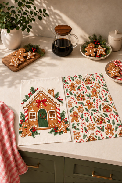 milbaygrup Gingerbread Kurabiye Evi Desenli 2'li Mutfak Havlusu Seti 40x60