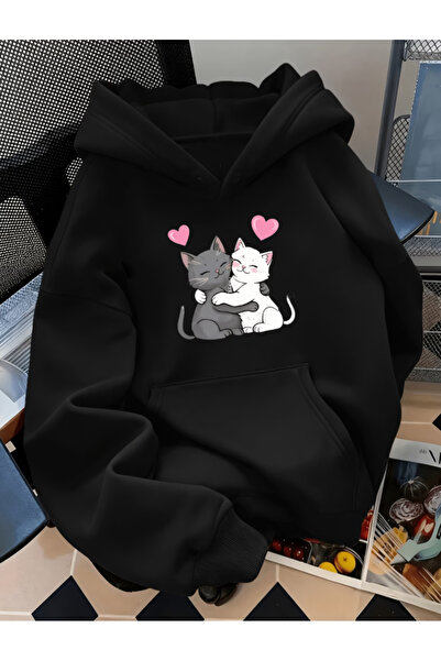 one button Unisex Χαριτωμένο φούτερ με κουκούλα 2 τεμαχίων με στάμπα γάτας, P...