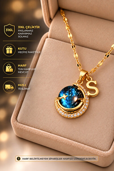 TREND COLLECTİON Galaksi Taşlı Gökyüzü Model 316L Paslanmaz Çelik Gold Kadın ...