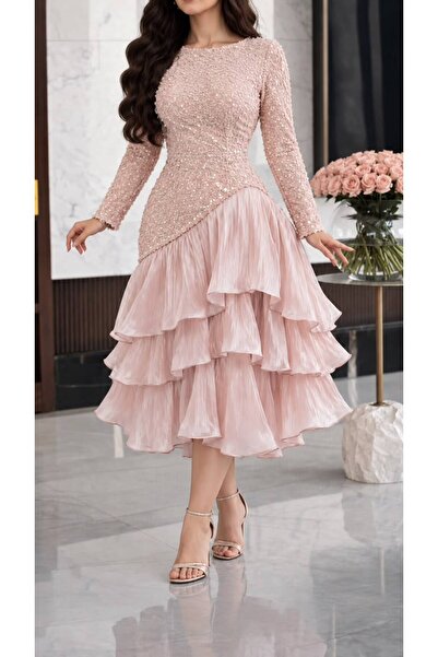 ELORA FASHION فستان سهرة وردي بودري بالترتر وطبقات الكشكش وأكمام طويلة