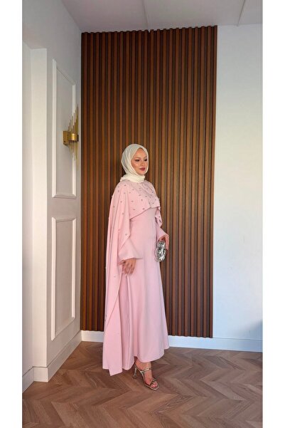 MEYSADESİGN Yandan Önden Taşlı Abiye Pembe
