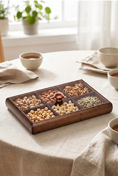 NESS HOME 6-Compartment Rectangular Acacia Breakfast Snack Bowl Multi-Functio...