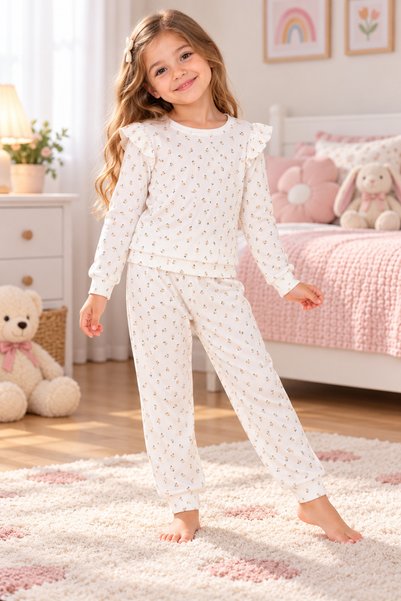SERPİL Kız Çocuk Ekru Çiçek Desenli Fırfırlı 2’li Pijama Takımı – Uzun Kollu Çocuk Pijama Seti