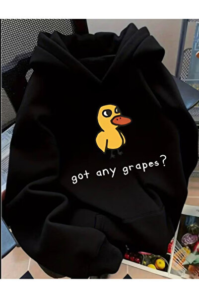 one button Women's Yellow Duck Printed Premium Hooded 2 Thread Oversize Sweat...