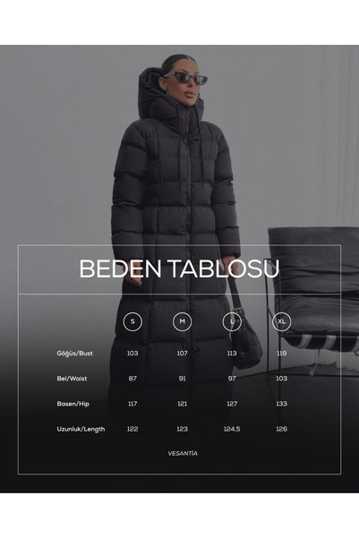 vesantia Kadın Siyah Tam Kalıp Uzun Kapüşonlu Şişme Mont