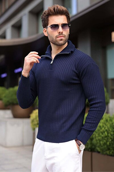 Madmext Navy Blue Stand Collar Half Zipper Striped Men's Knitwear Sweater E7535