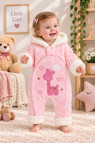 Nehad Bebe Welsoft Baby Girl Jumpsuit with Hood, Giraffe Embroidery, Soft Tex...