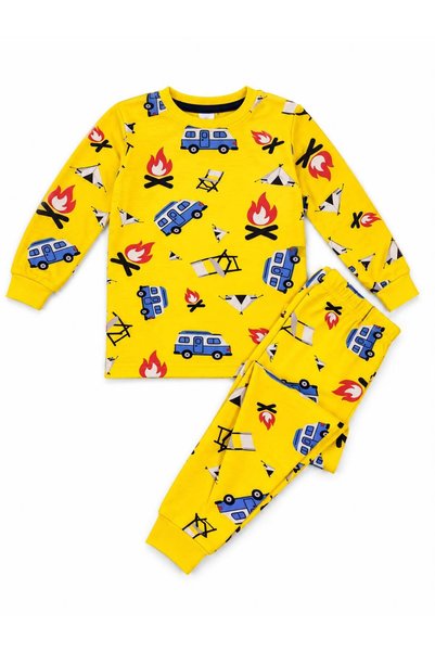 Fil Kids Boy's 100% Cotton Yellow Color Minibus Camp Caravan Patterned Long Sleeve Winter Interlock Pajama Set