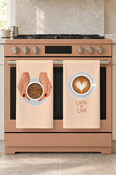 milbaygrup Latte Love Coffee Cup and Latte Art Peach Tone 2-Piece Kitchen Tow...