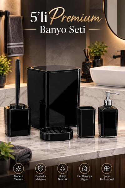 Banyo Seti 5'li, Yuvarlak, -Çöp Kovası, WC Fırçalık, Sıvı Sabunluk, Diş Fırçalık, El Sabunluk Siyah Premium Lüks