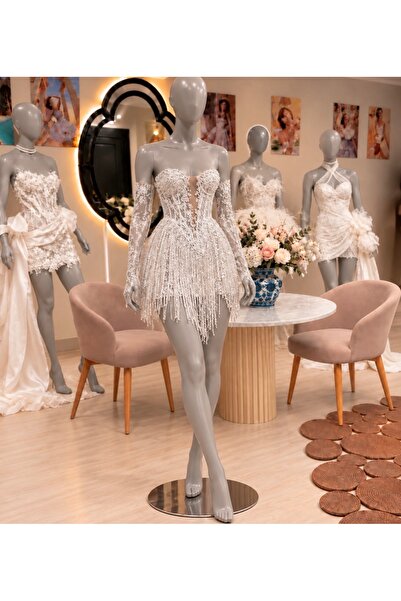 ABAD.HANDMADE Işıltılı Püsküllü Mini After Party Gelinlik – Korsajlı, Dantel ...