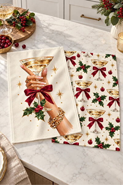 milbaygrup Golden Toast Goblet Patterned 2-Piece Kitchen Towel Set 40X60