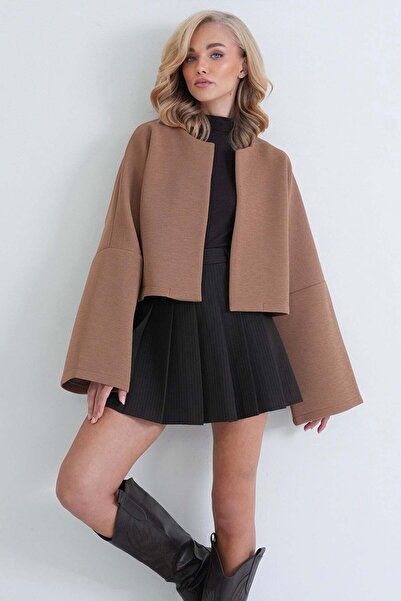 Trend Alaçatı Stili Kadın Camel Önü Açık Kısa Astarsız Çelik Ceket Alc-X15882