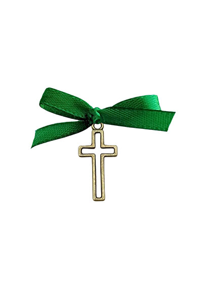 BUNILU Set 20 Cruciulite aurii si fundite din satin verde, marturie botez, cu...