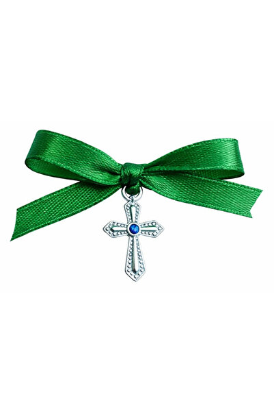 BUNILU Set 20 Cruciulite argintii si fundite din satin verde, marturie botez,...