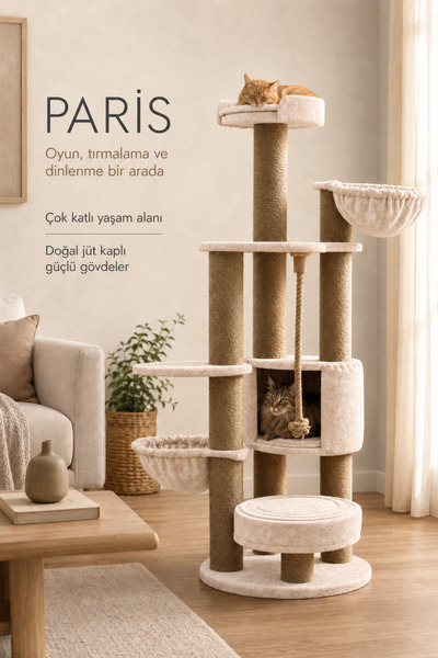 Paris Çok Katlı Kedi Ağacı, Hamaklı Yuvalı Jüt Tırmalama ve Oyun Evi