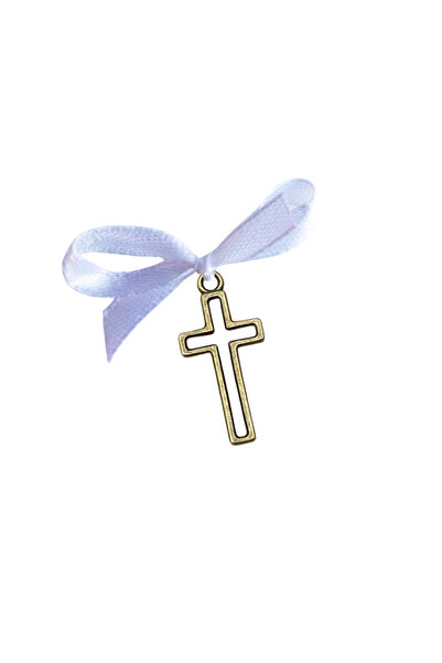 BUNILU Set 20 Cruciulite aurii si fundite din satin alb, marturie botez, cu b...