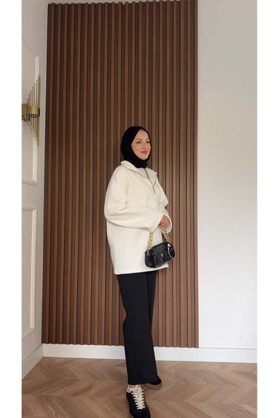 MEYSADESİGN Fermuarlı Polarlı Sweatshirt Ekru